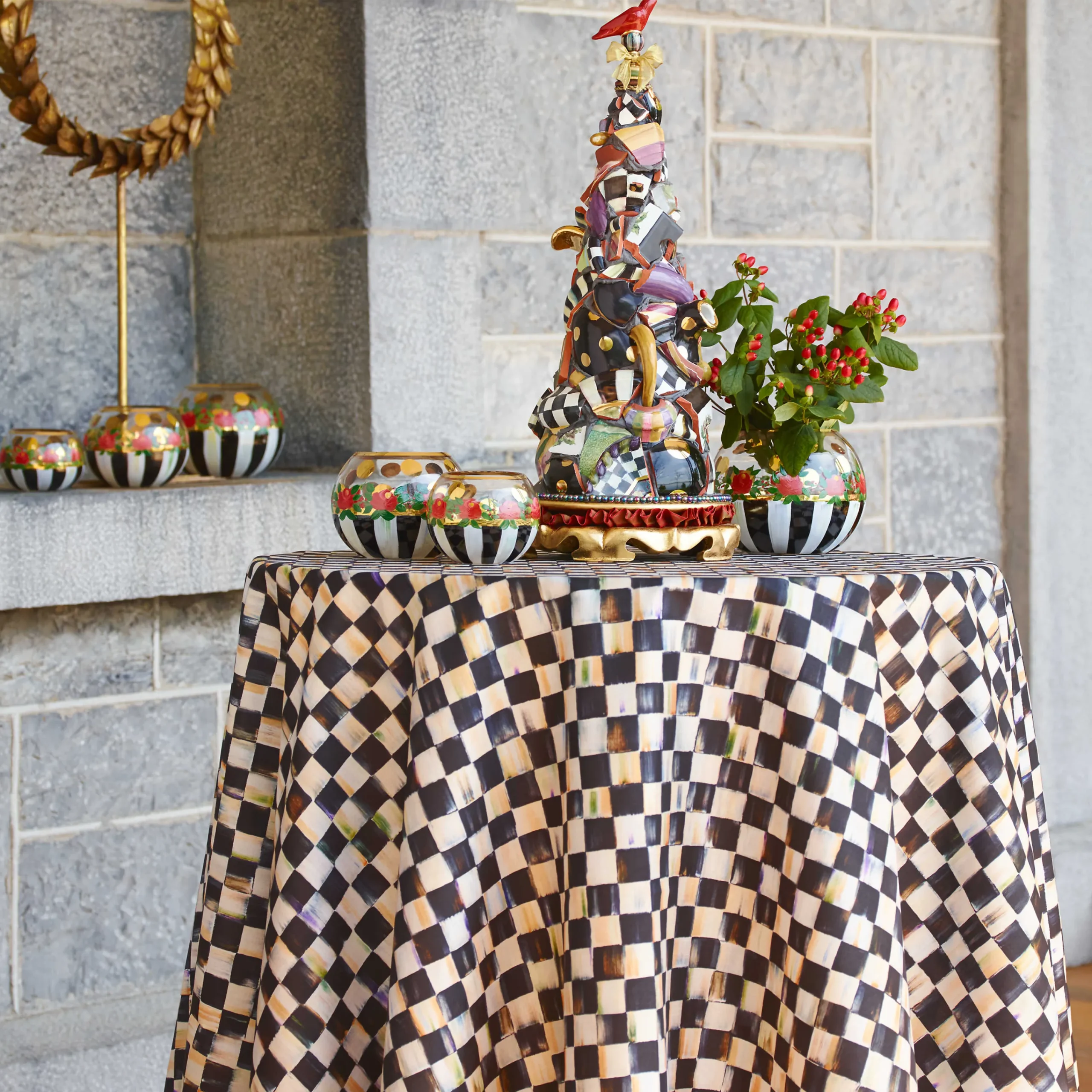 90" Round Courtly Check Tablecloth - Black Trim|MacKenzie-Childs Sale