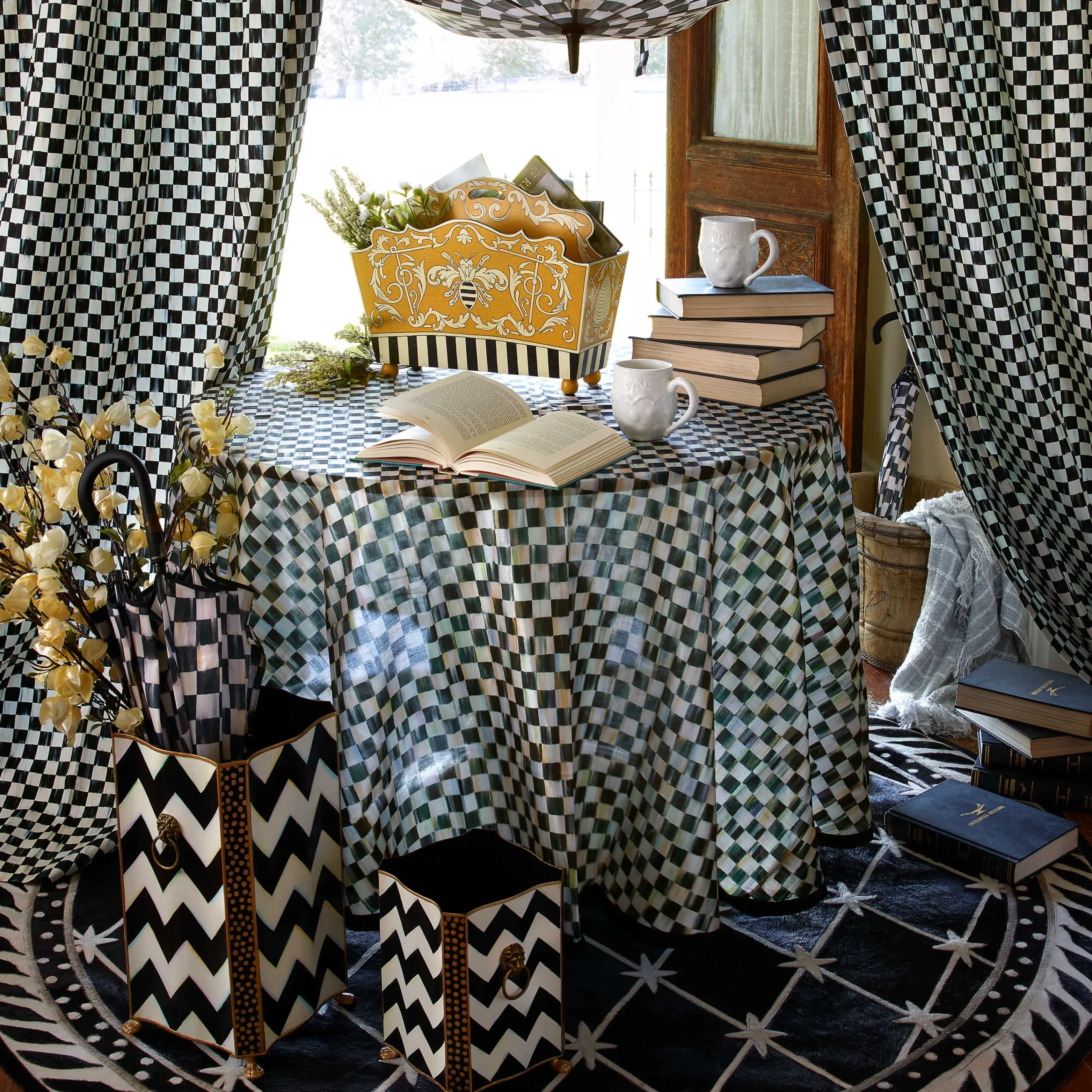 90" Round Courtly Check Tablecloth - Black Trim|MacKenzie-Childs Sale