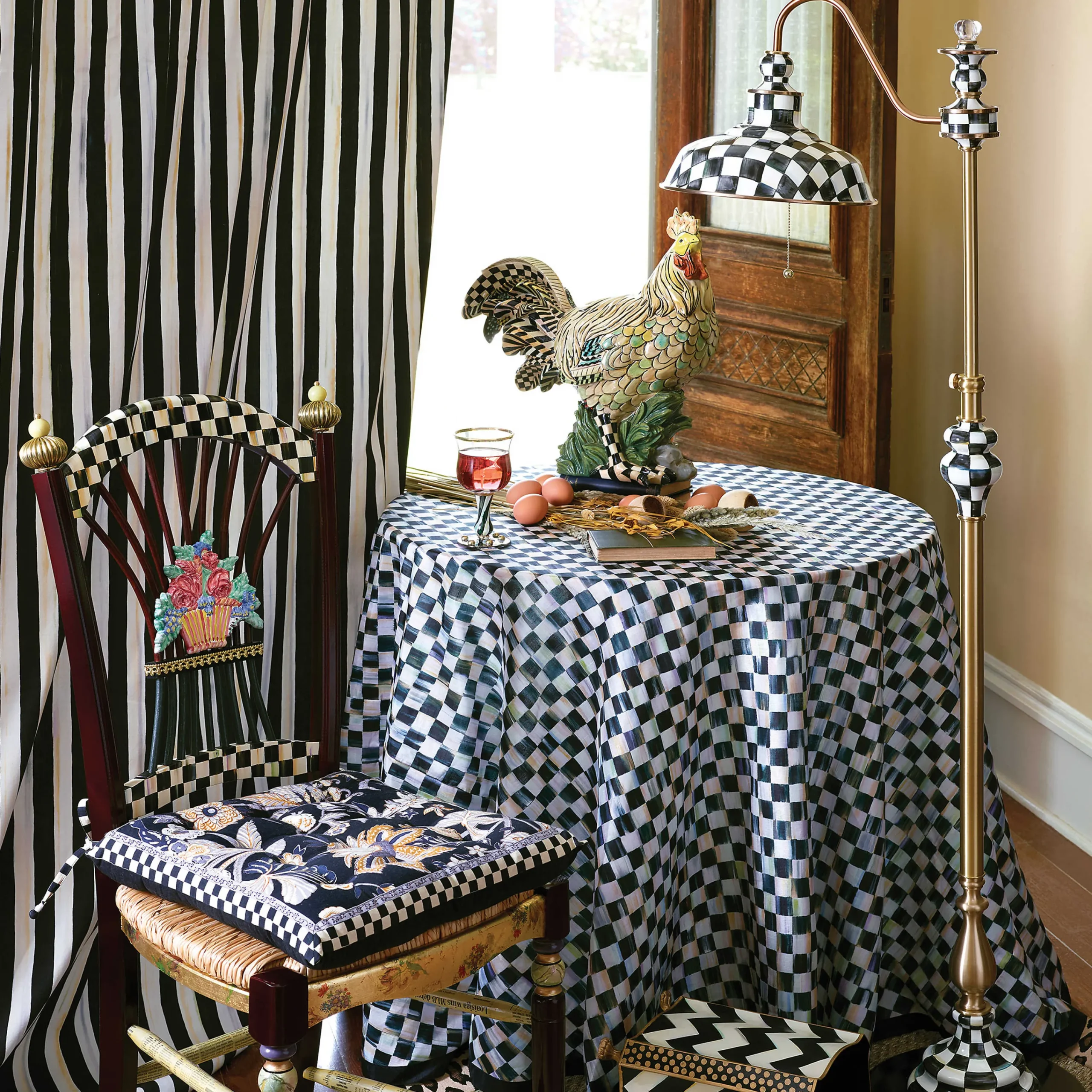 90" Round Courtly Check Tablecloth - Black Trim|MacKenzie-Childs Sale