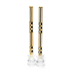 Check & Stripe Dinner Candles - Black & Gold - Set Of 2|MacKenzie-Childs Best