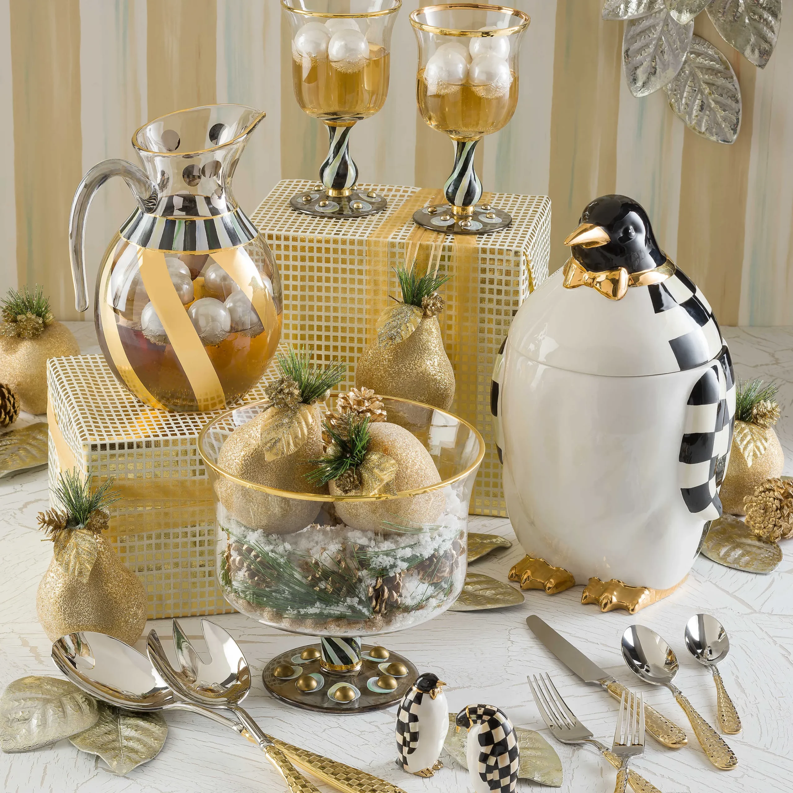Check Salad Serving Set - Gold|MacKenzie-Childs