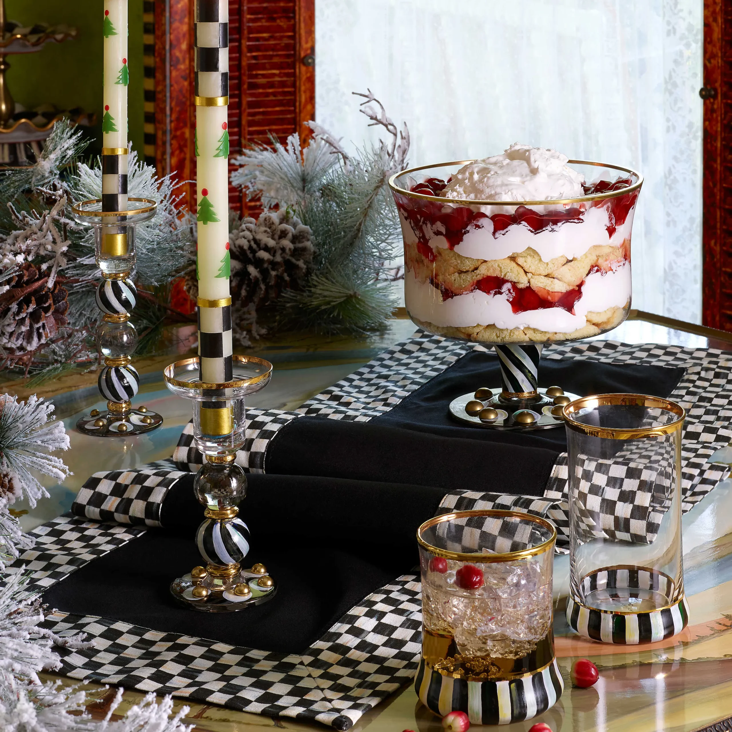 Christmas Tree Dinner Candles - Check Bands - Set Of 2|MacKenzie-Childs
