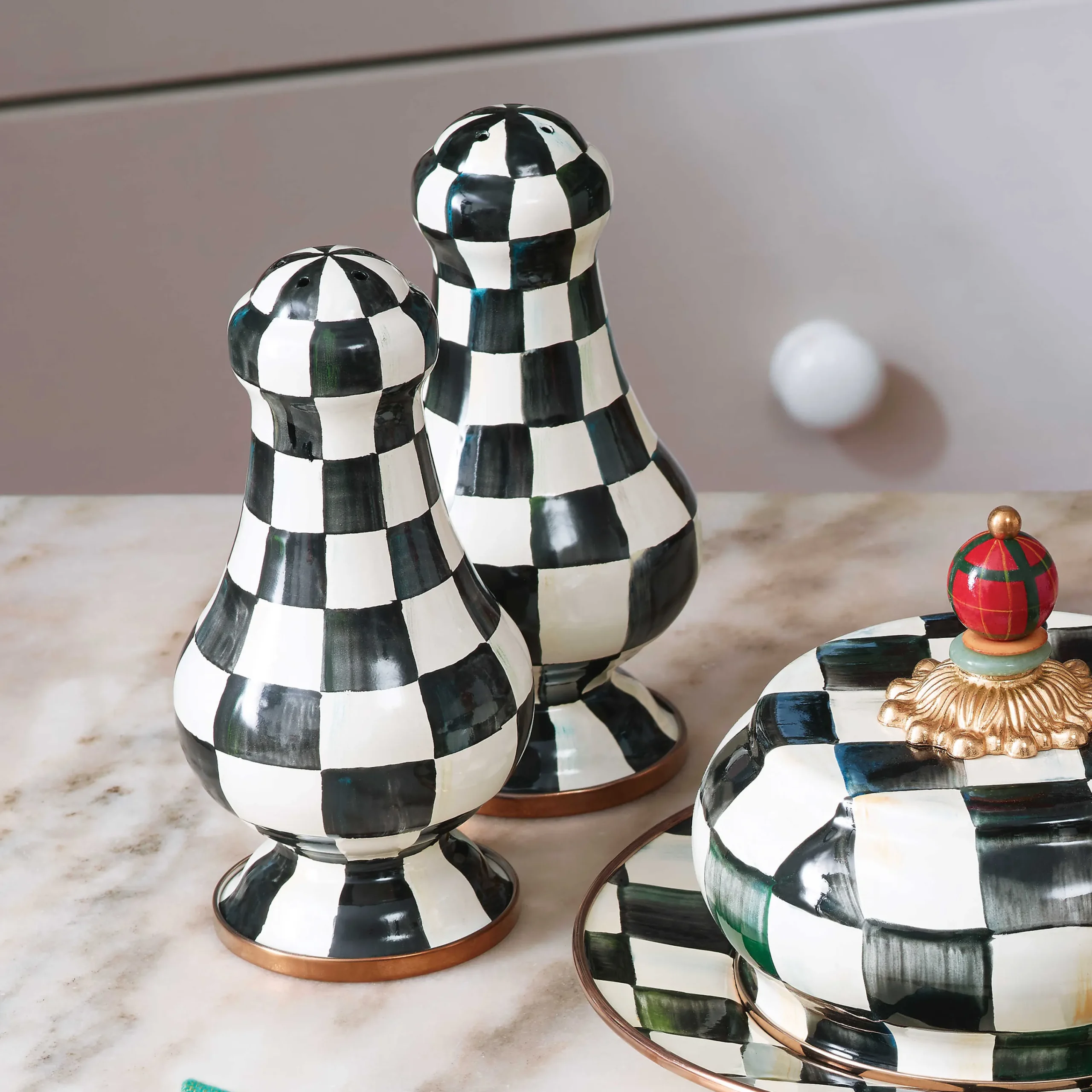 Courtly Check Enamel Large Salt & Pepper Shakers|MacKenzie-Childs Clearance