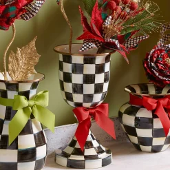 Courtly Check Enamel Pedestal Vase - Red Bow|MacKenzie-Childs