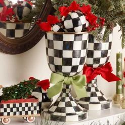 Courtly Check Enamel Pedestal Vase - Green Bow|MacKenzie-Childs