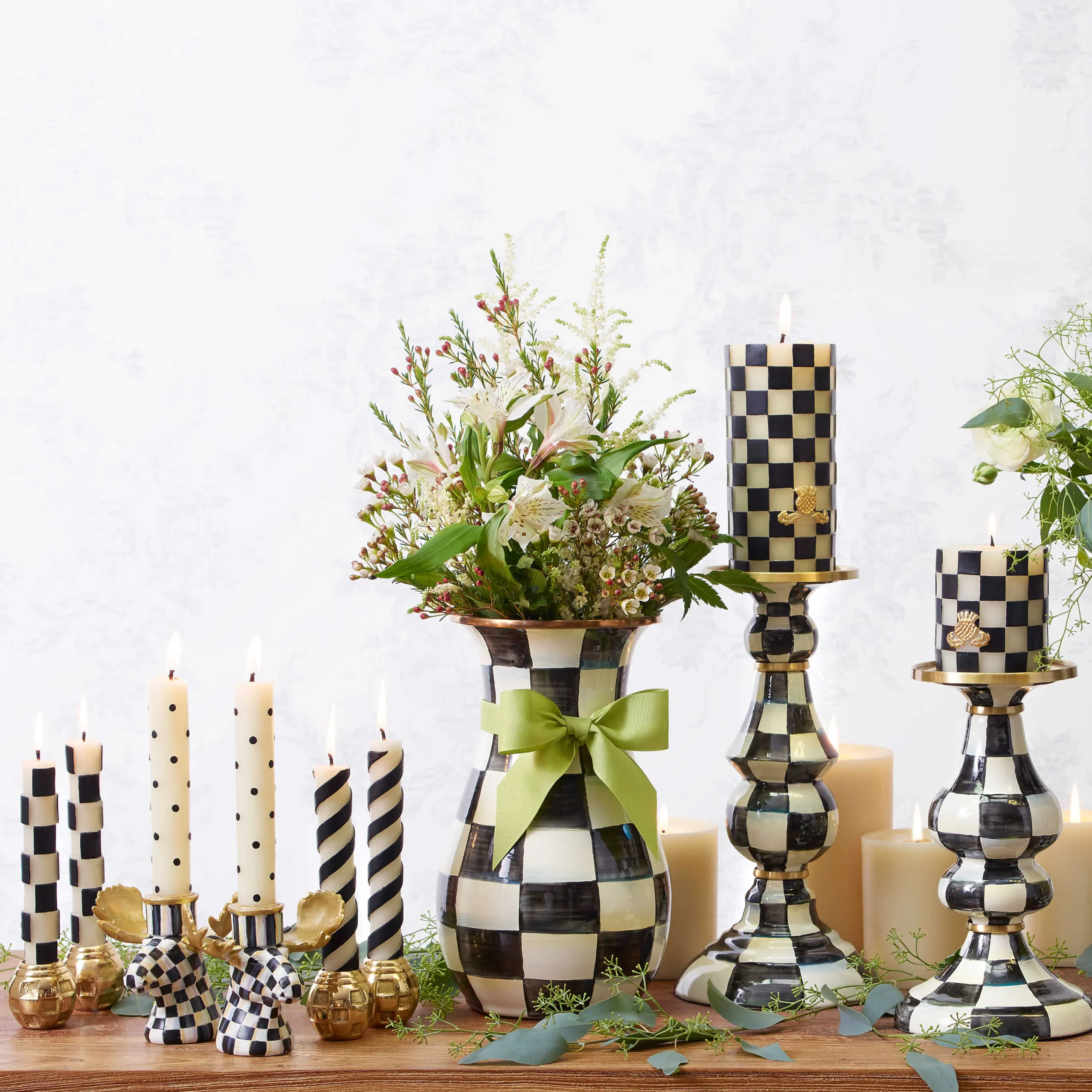 Courtly Check Enamel Pillar Candlestick - Medium|MacKenzie-Childs Discount