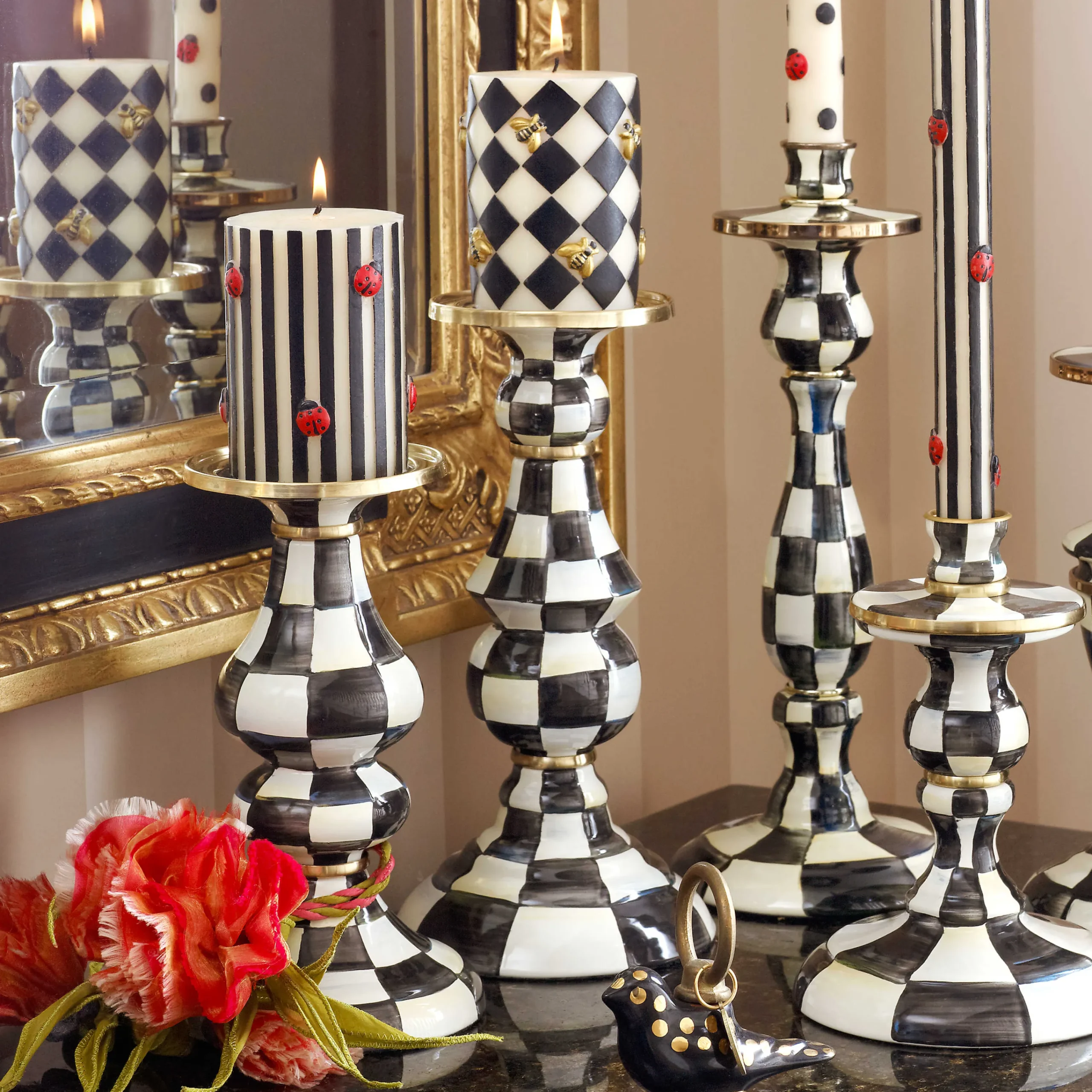 Courtly Check Enamel Pillar Candlestick - Large|MacKenzie-Childs Hot