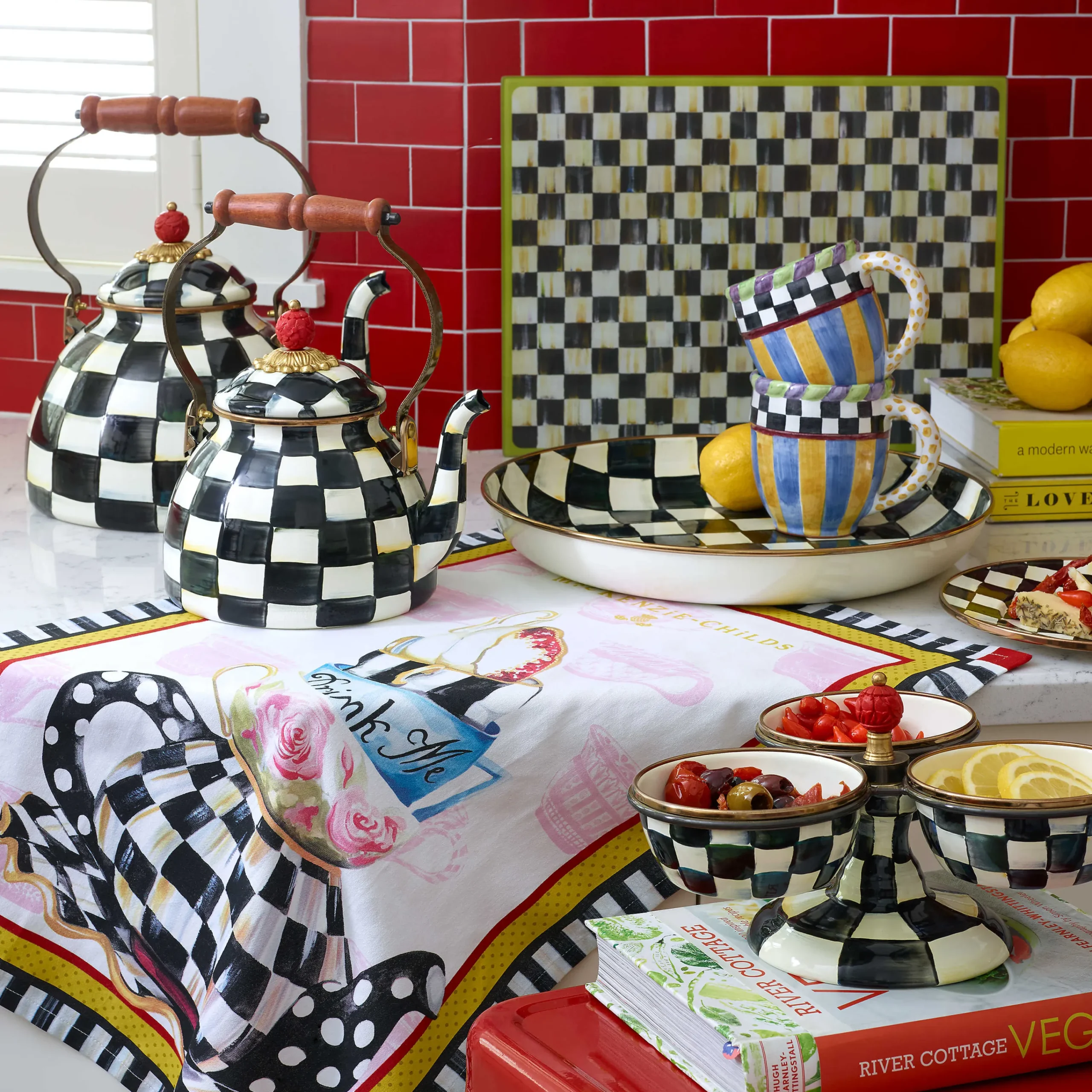 Courtly Check Enamel Tea Kettle - 3 Quart|MacKenzie-Childs Discount