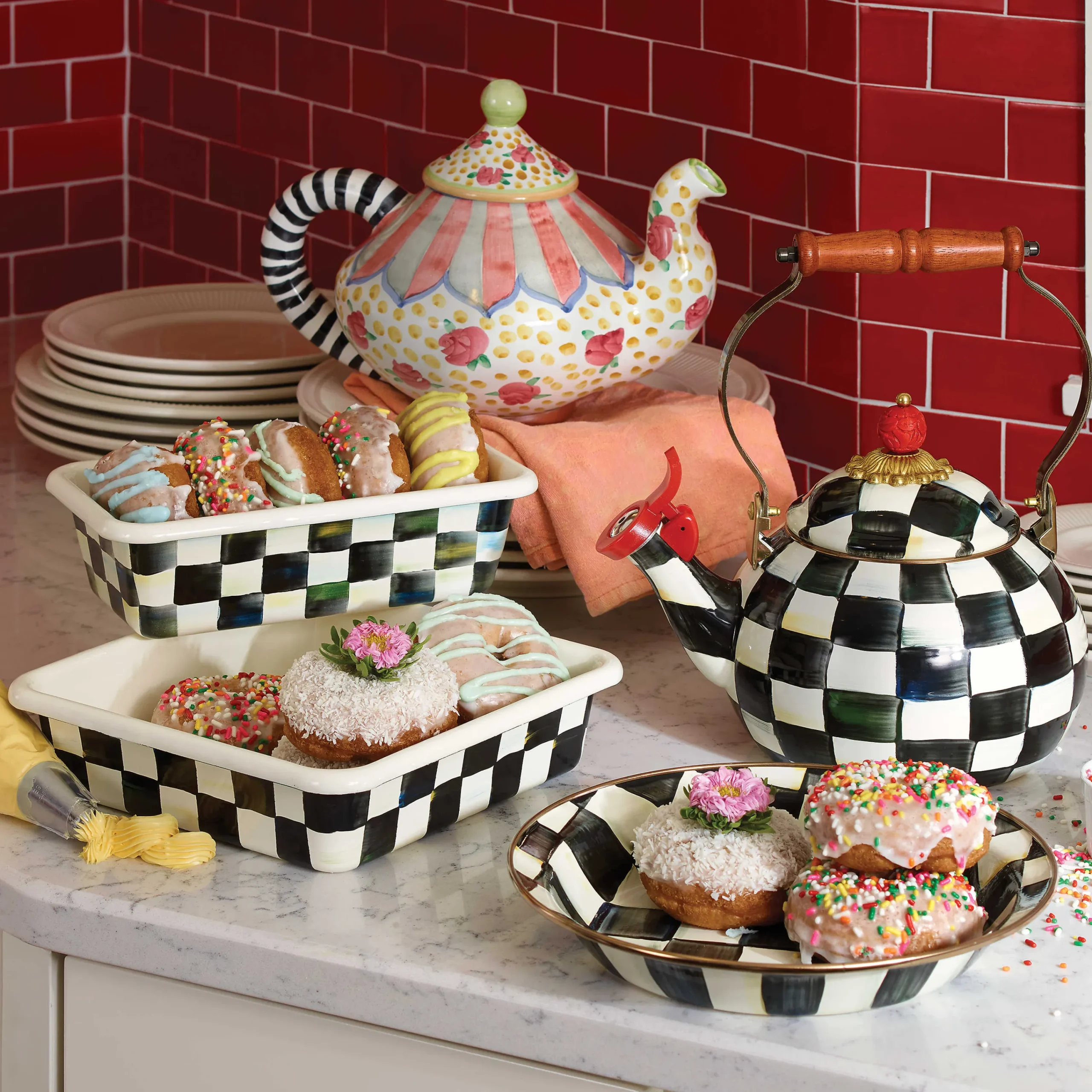 Courtly Check Enamel Whistling Tea Kettle|MacKenzie-Childs New