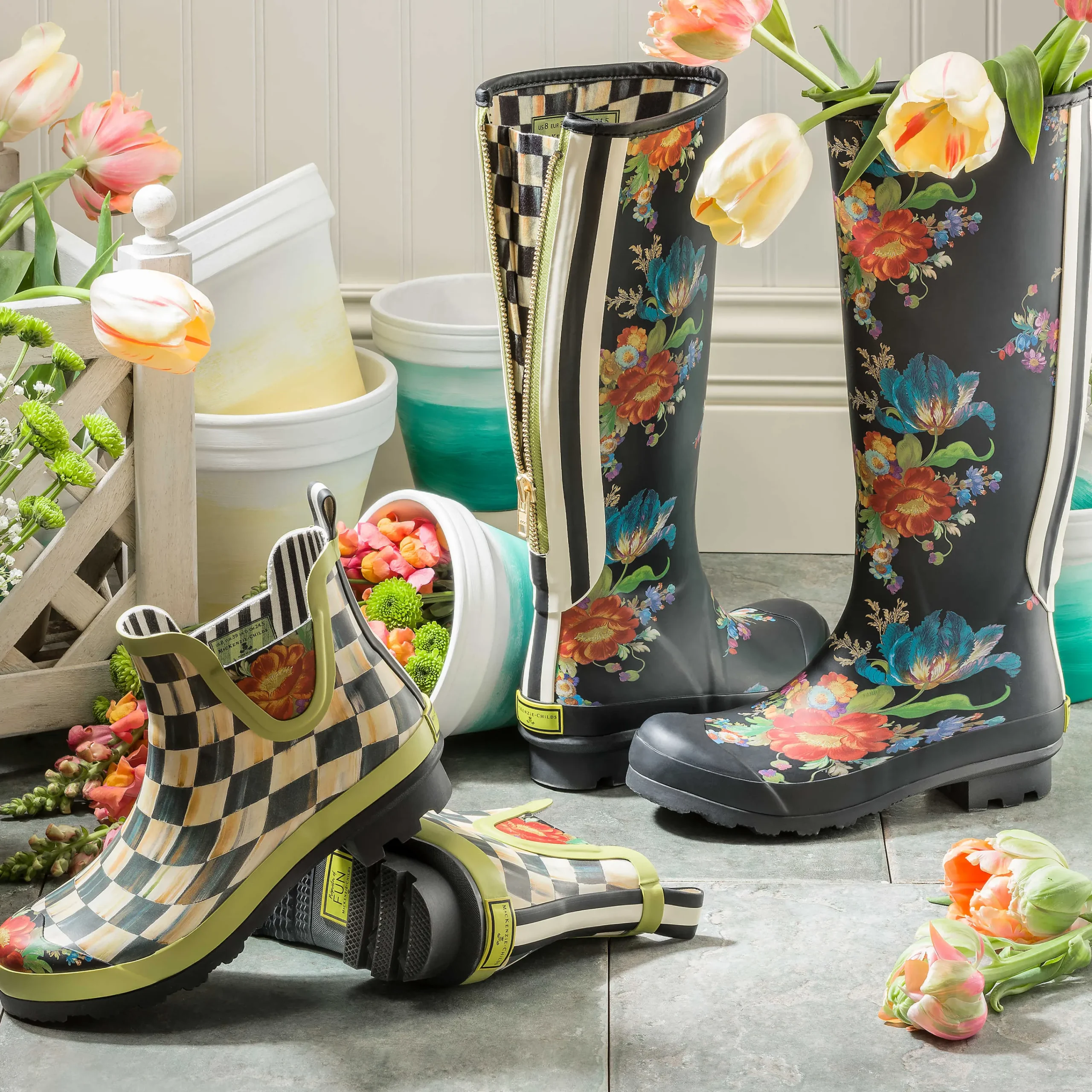 Courtly Check Rain Boots - Short - Size 9|MacKenzie-Childs