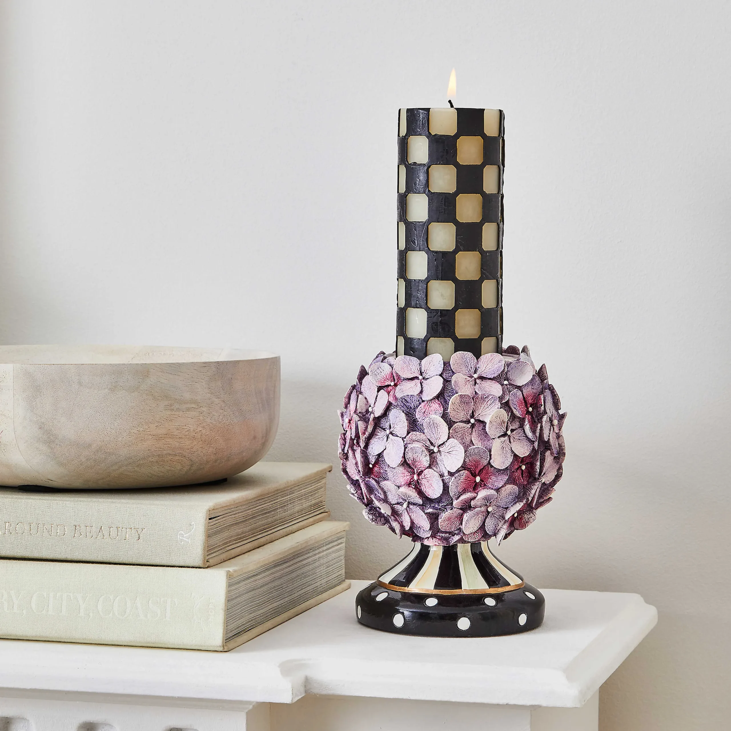 Courtly Cottage Hydrangea Pillar Candle Holder|MacKenzie-Childs Clearance
