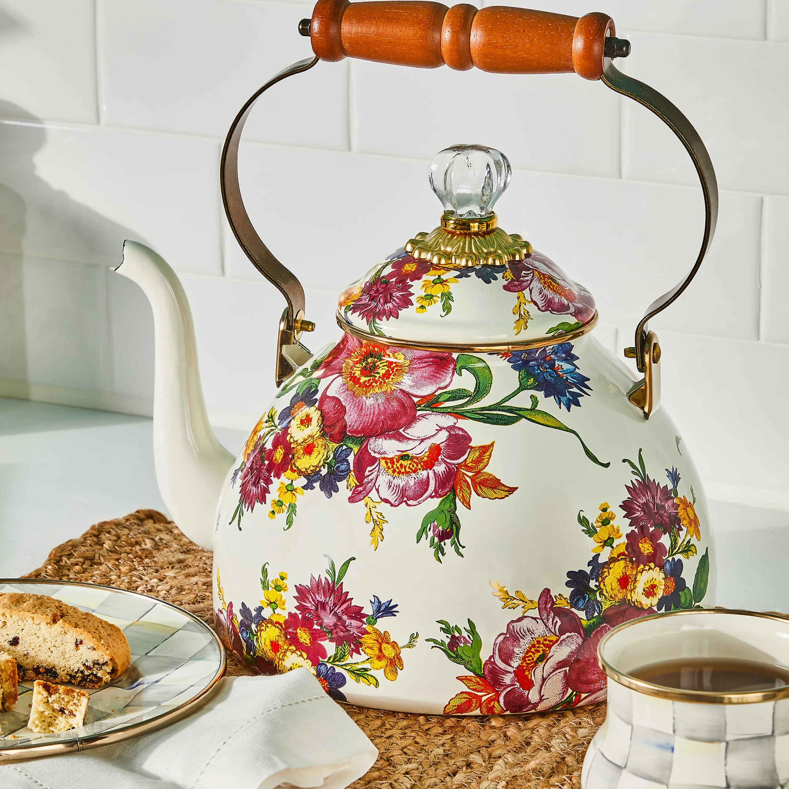 Flower Market 3 Quart Tea Kettle - White|MacKenzie-Childs Clearance