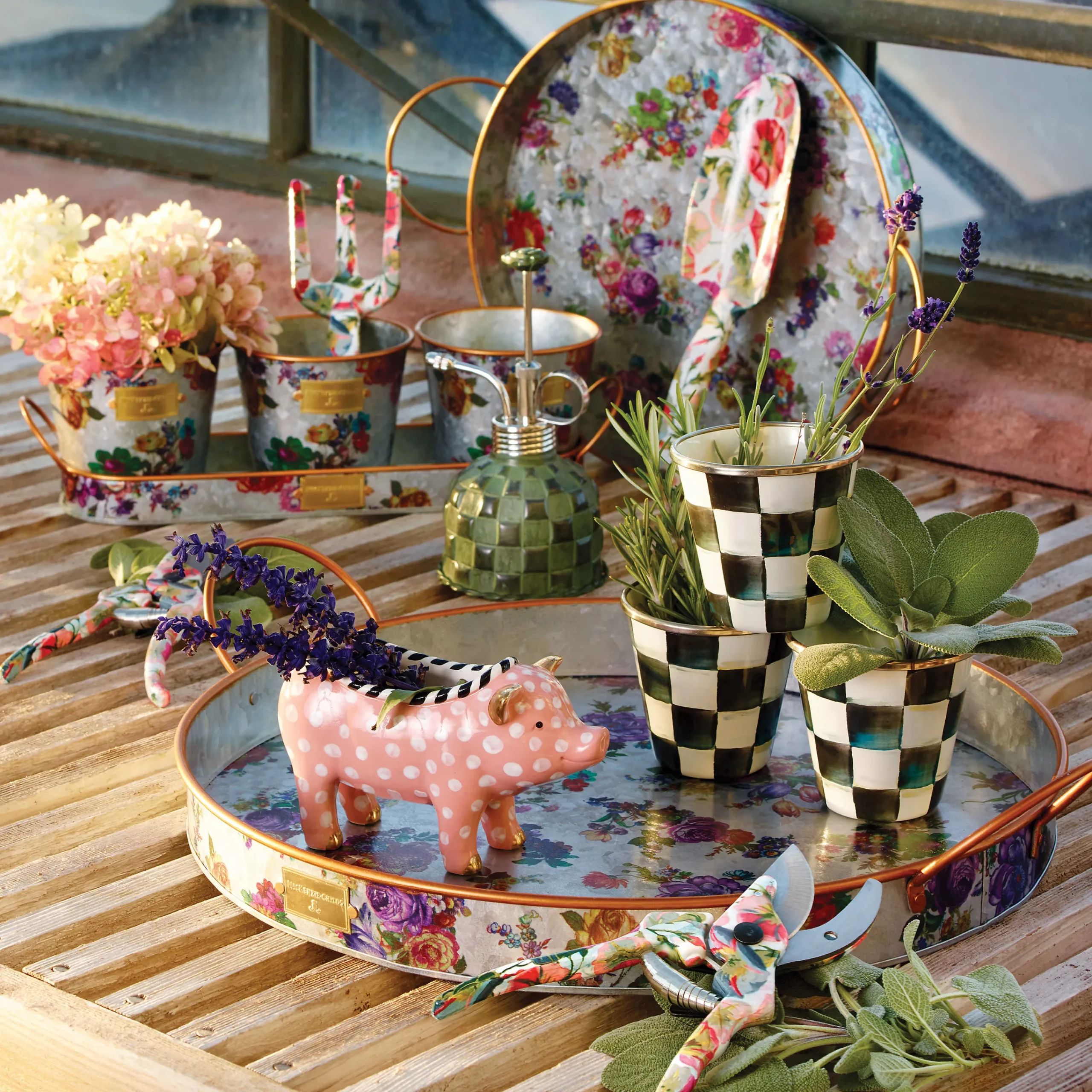 Flower Market Galvanized Herb Pots With Tray - Set Of 3|MacKenzie-Childs