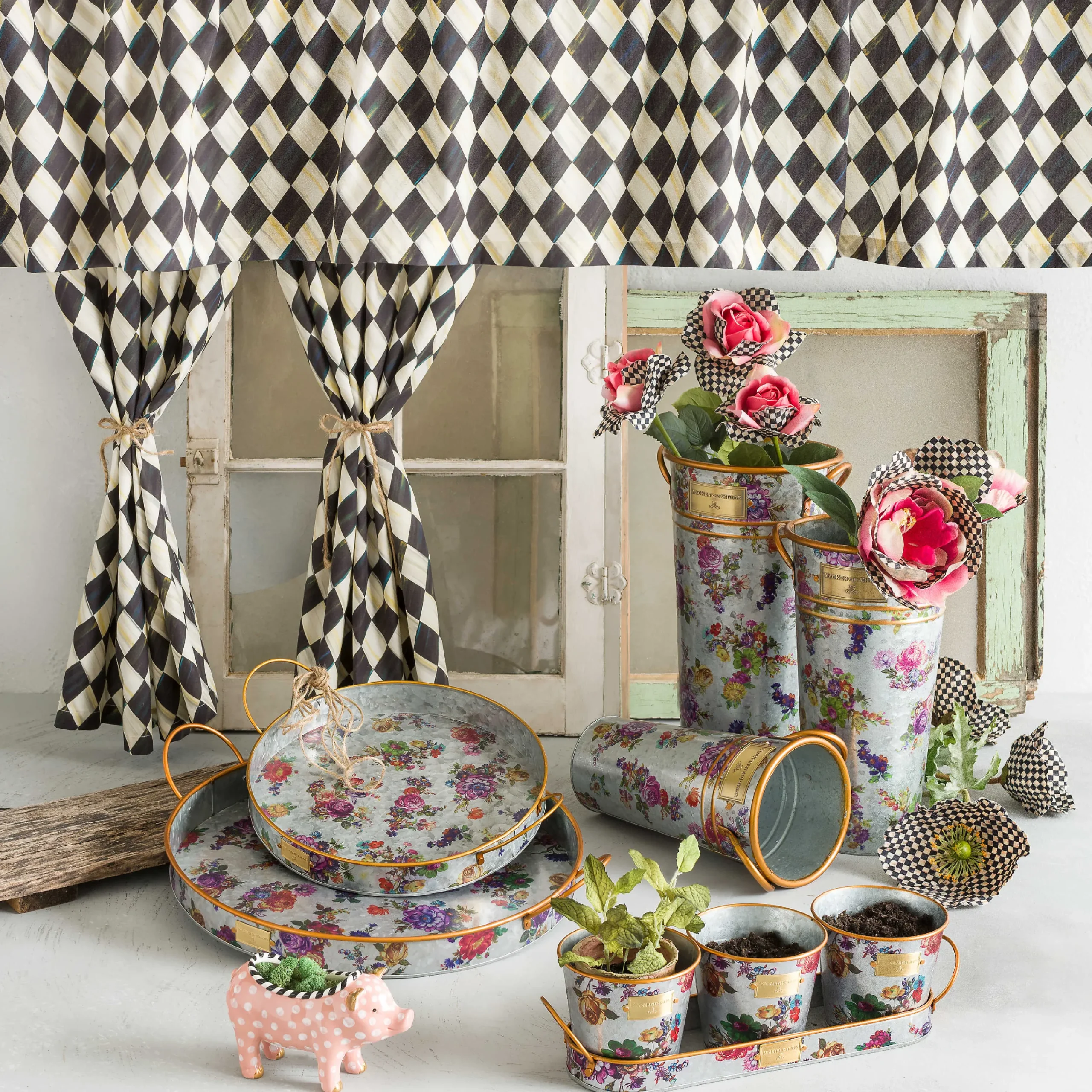 Flower Market Galvanized Herb Pots With Tray - Set Of 3|MacKenzie-Childs