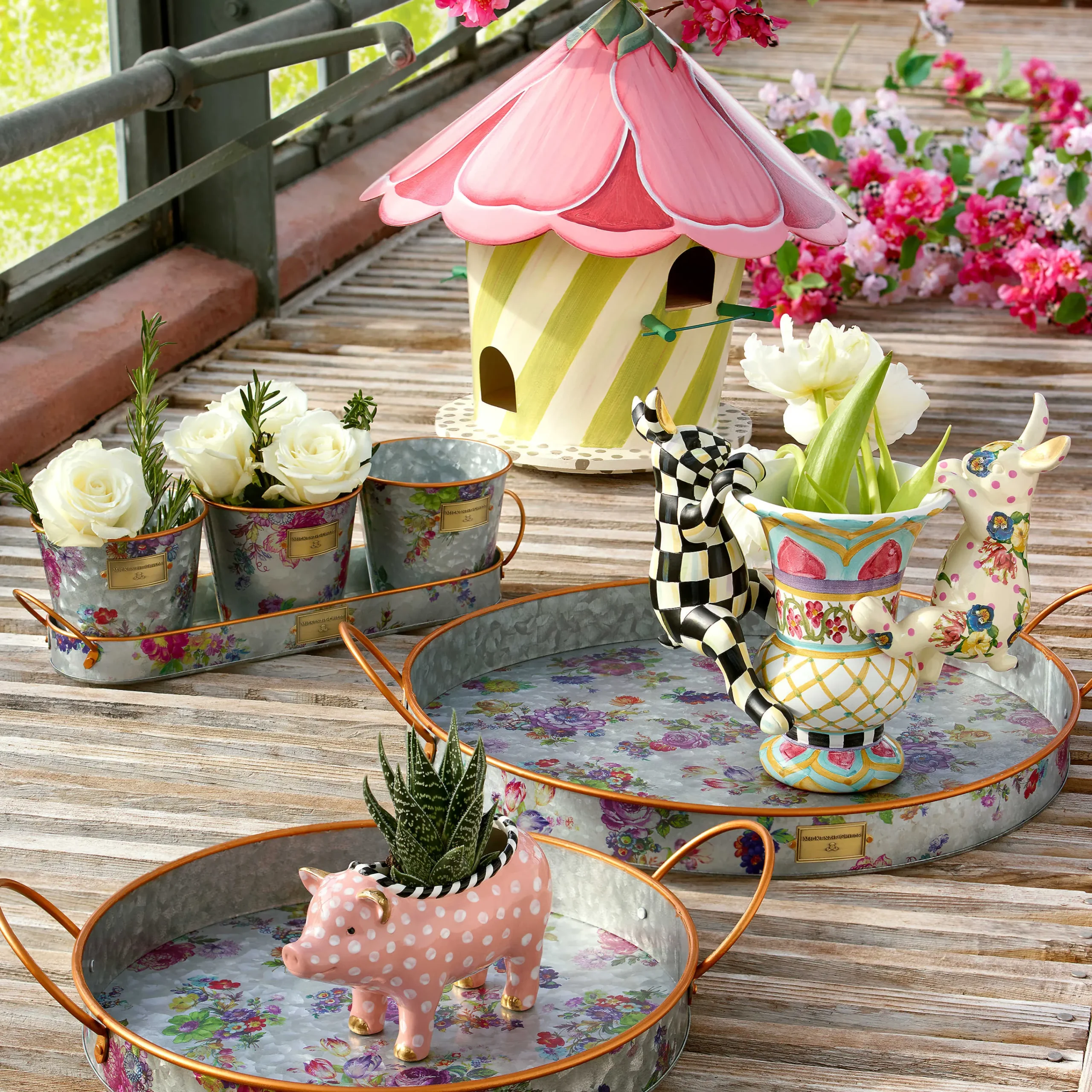 Flower Market Galvanized Herb Pots With Tray - Set Of 3|MacKenzie-Childs
