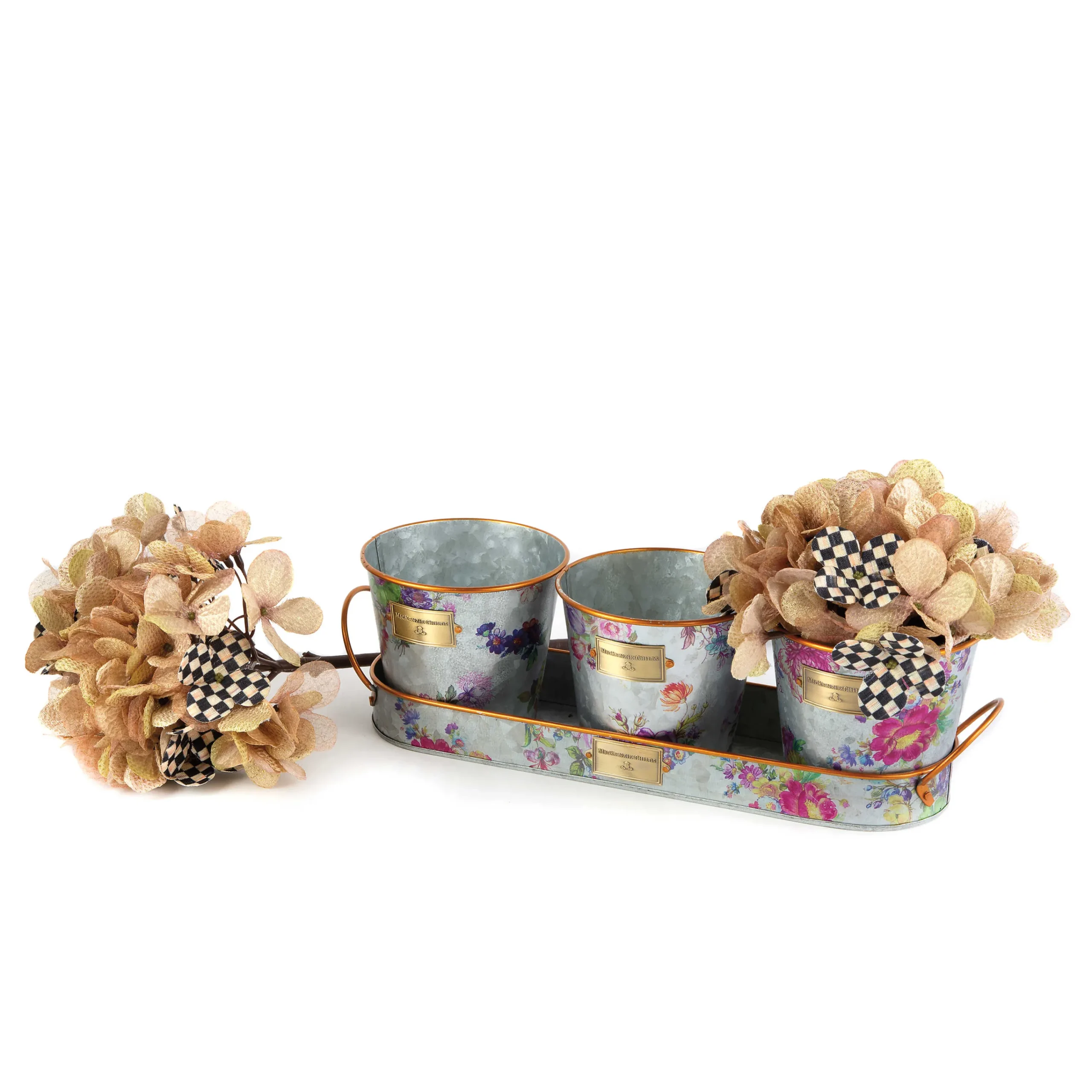 Flower Market Galvanized Herb Pots With Tray - Set Of 3|MacKenzie-Childs