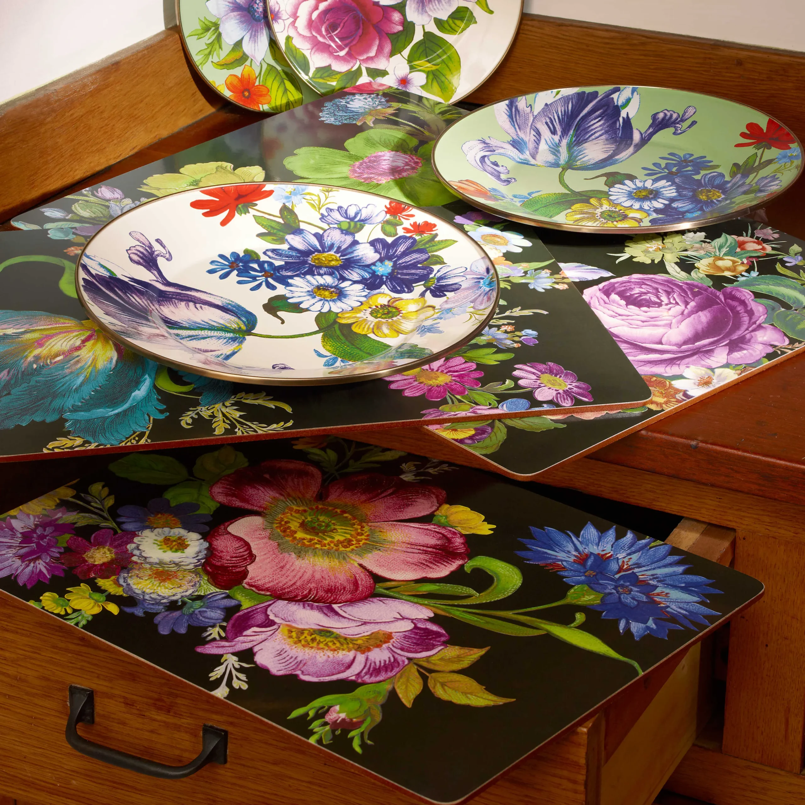Flower Market Placemats - Black - Set Of 4|MacKenzie-Childs Best