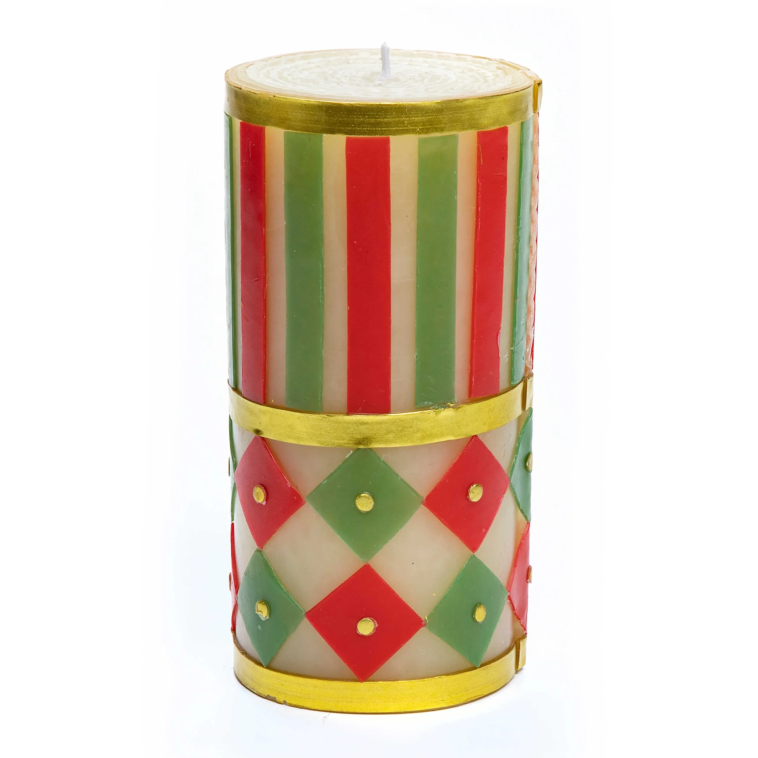 Jester Pillar Candle - Red, Green, & Gold - 6"|MacKenzie-Childs Online