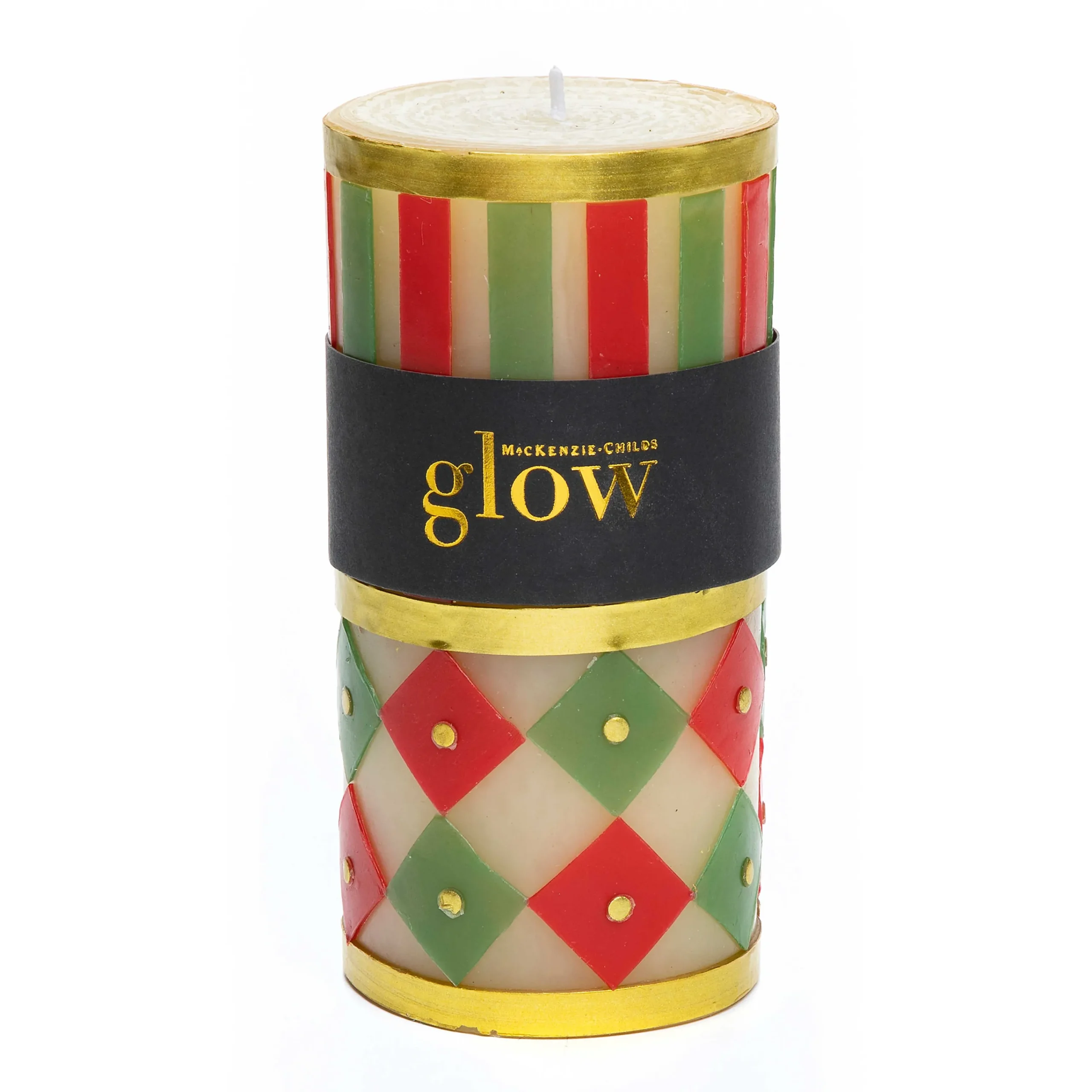 Jester Pillar Candle - Red, Green, & Gold - 6"|MacKenzie-Childs Online