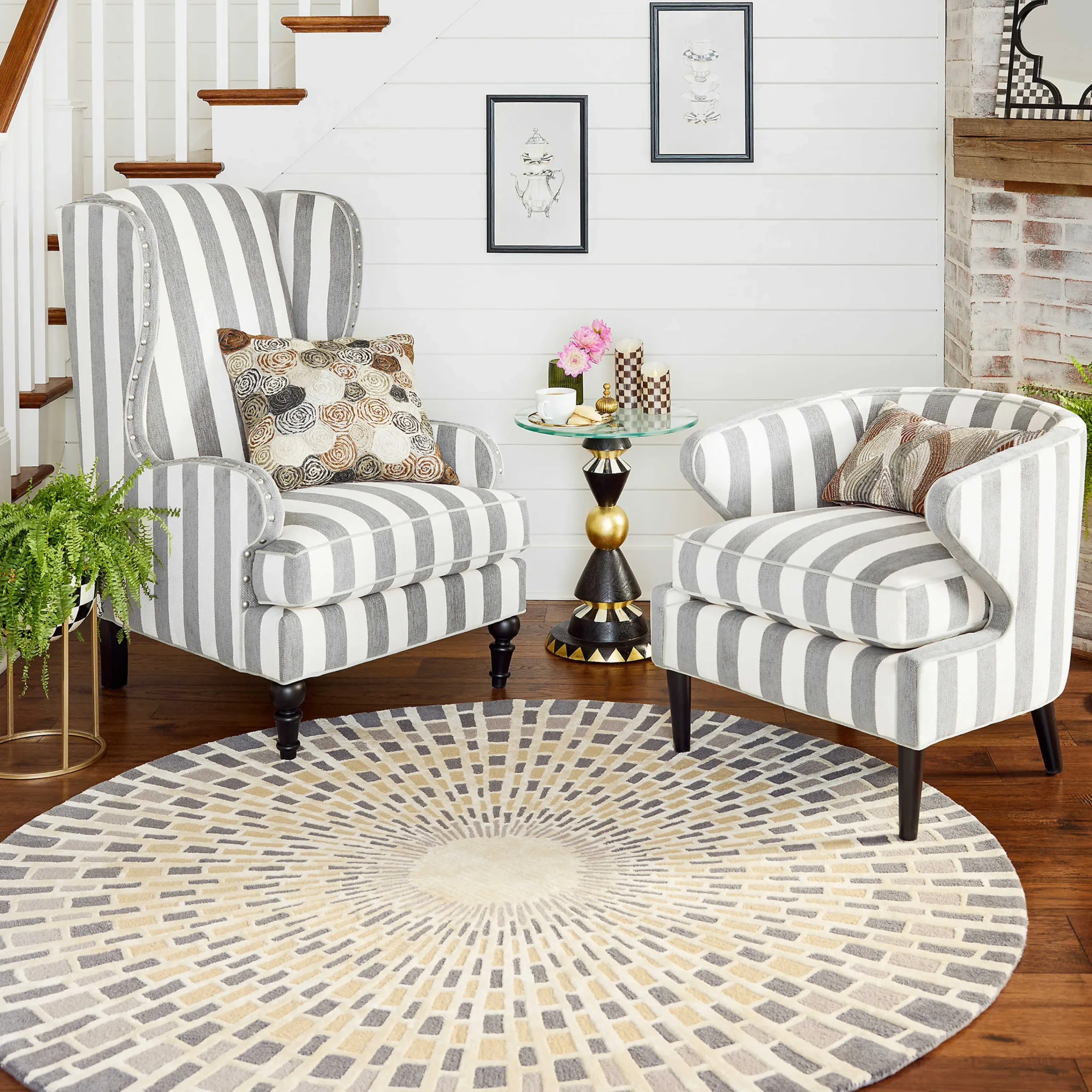 Marquee Wing Chair - Chenille Grey Stripe|MacKenzie-Childs Best