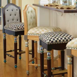 Parchment Check Underpinnings Bar Stool With Back|MacKenzie-Childs Sale