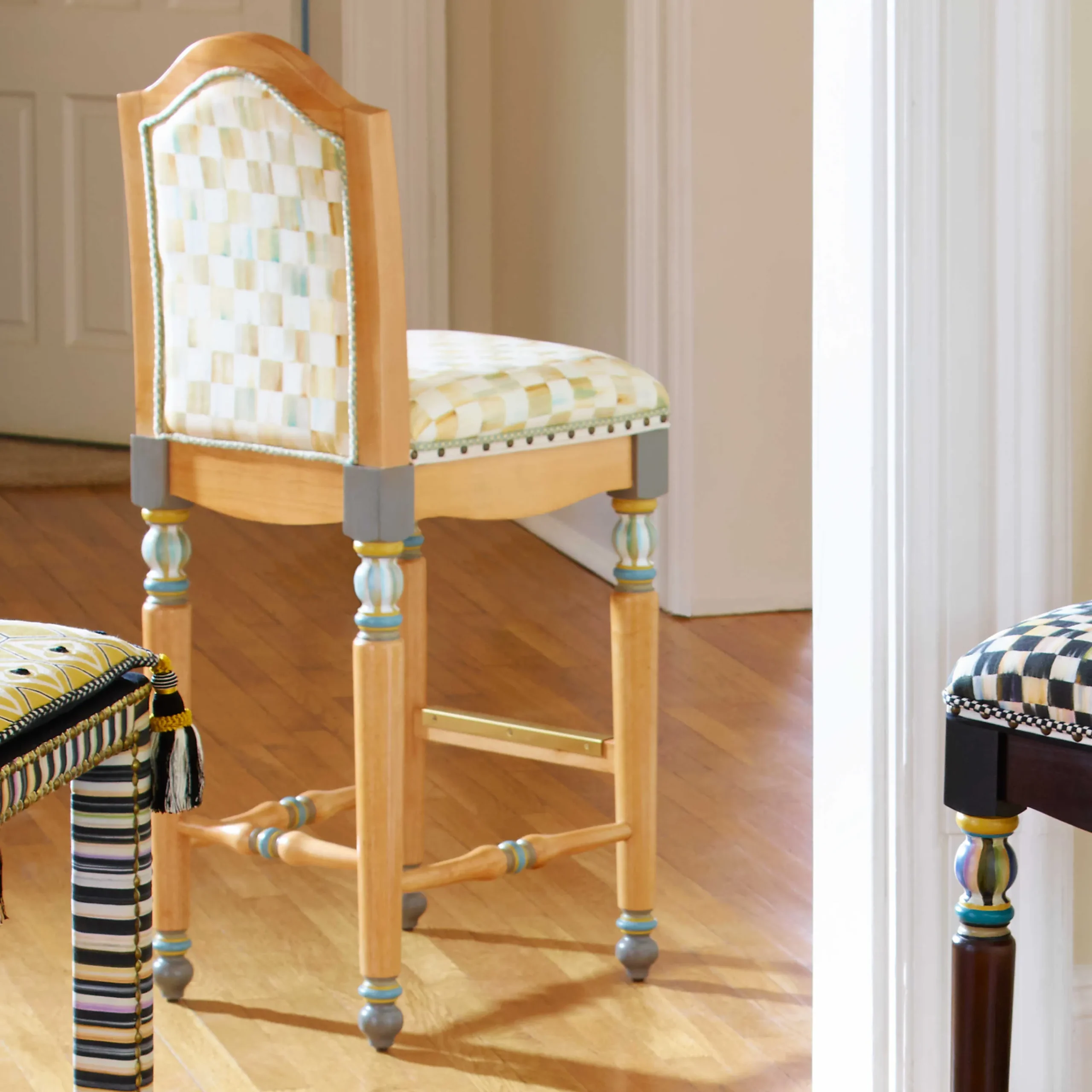 Parchment Check Underpinnings Bar Stool With Back|MacKenzie-Childs Sale
