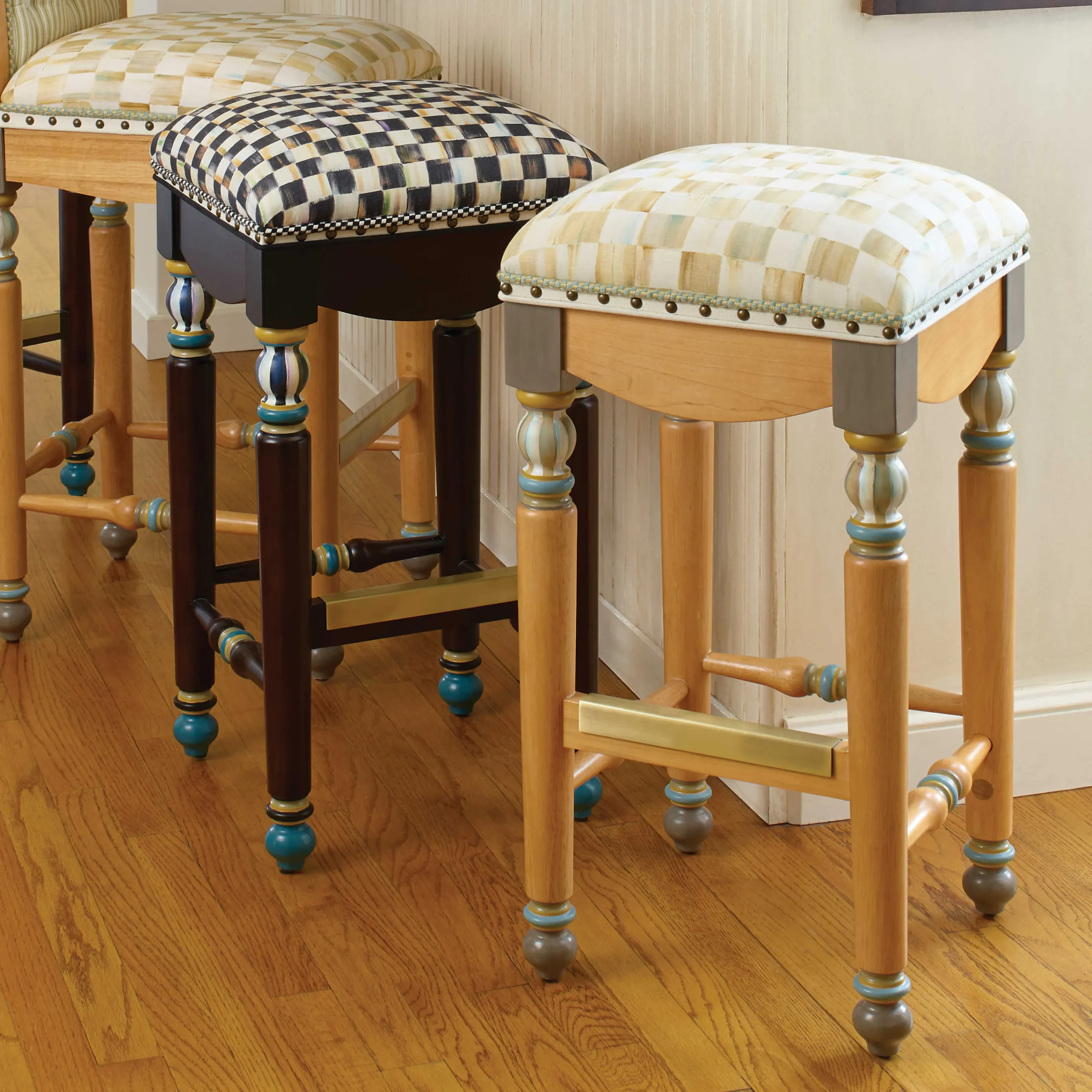 Parchment Check Underpinnings Bar Stool|MacKenzie-Childs Clearance