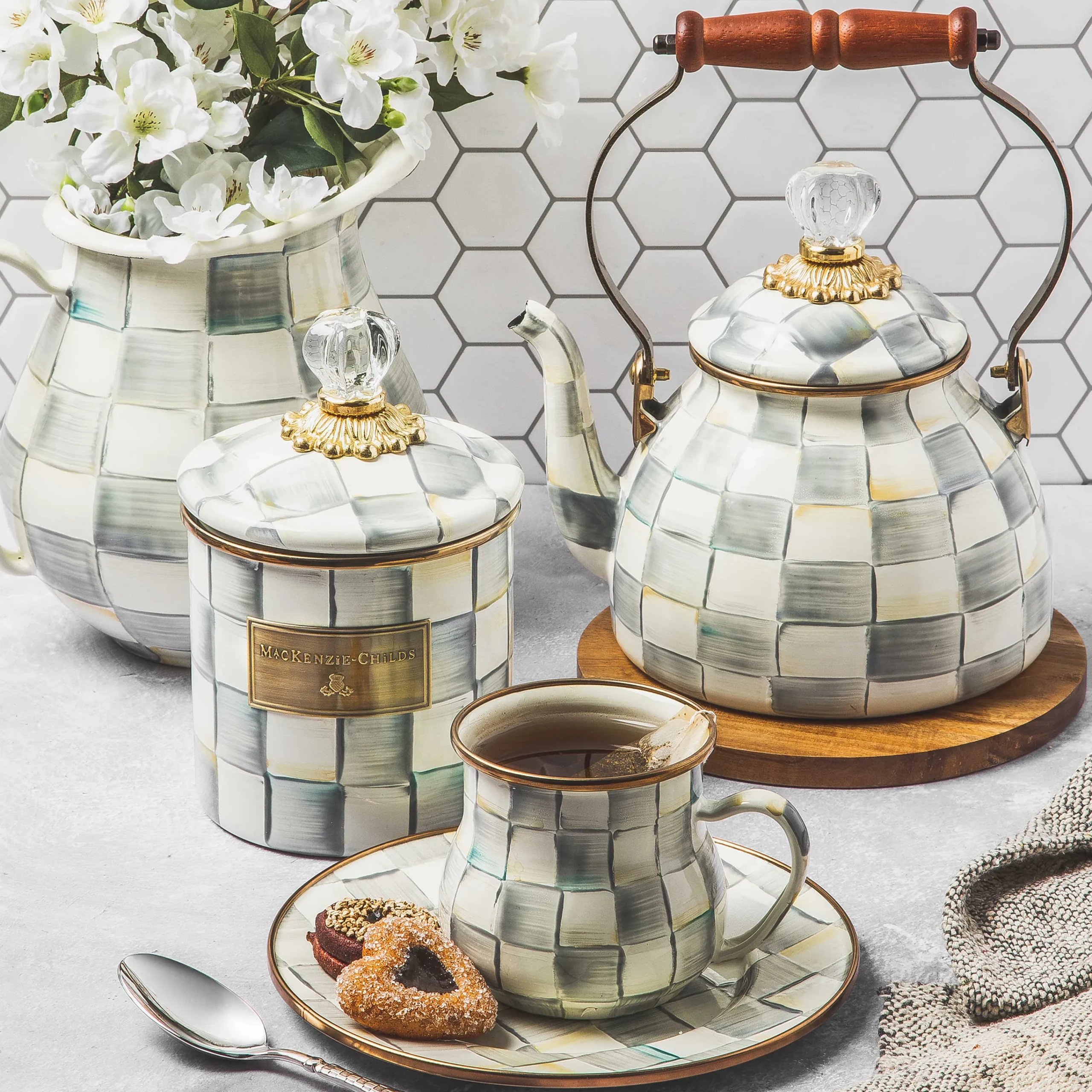 Sterling Check Enamel Tea Kettle - 2 Quart|MacKenzie-Childs