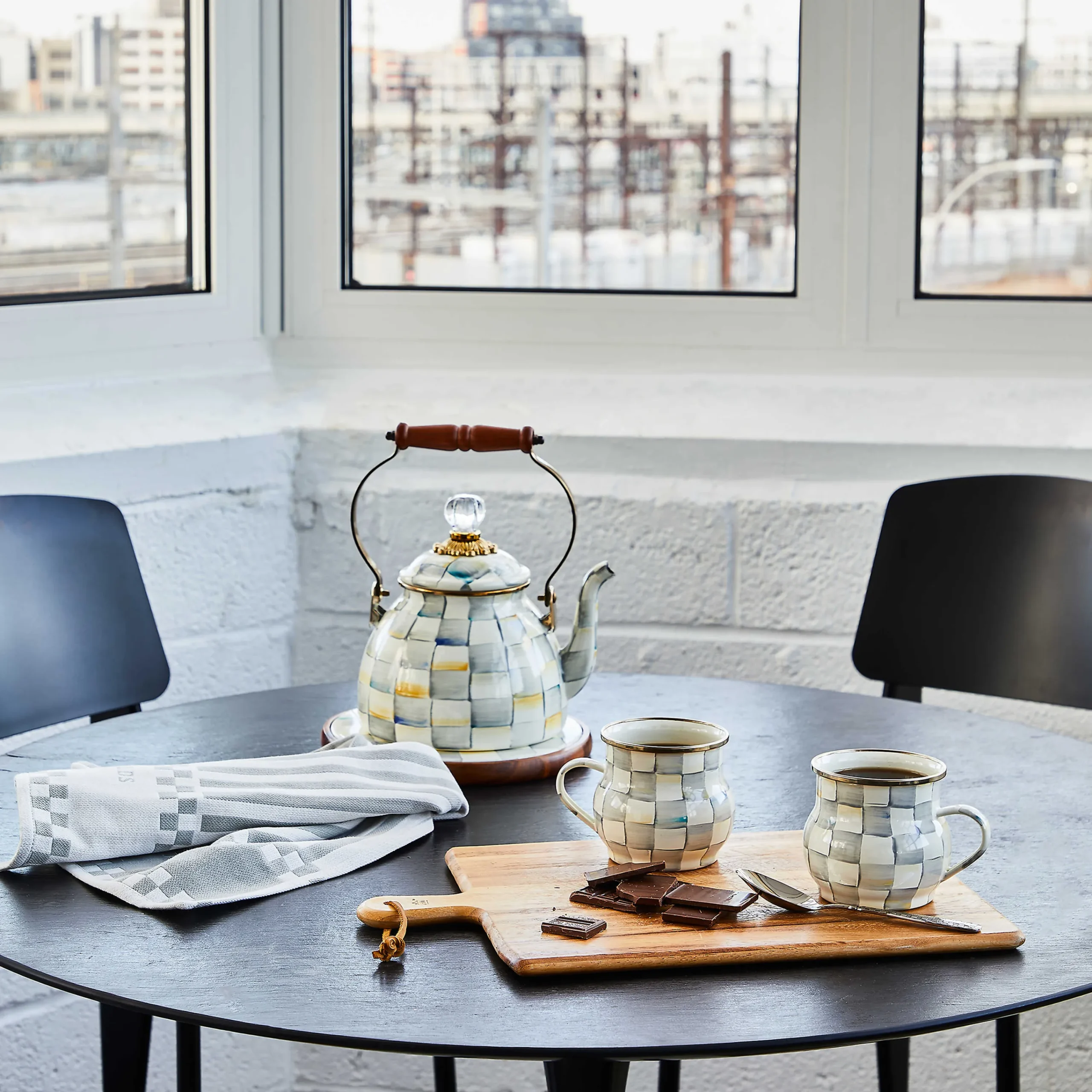 Sterling Check Enamel Tea Kettle - 2 Quart|MacKenzie-Childs