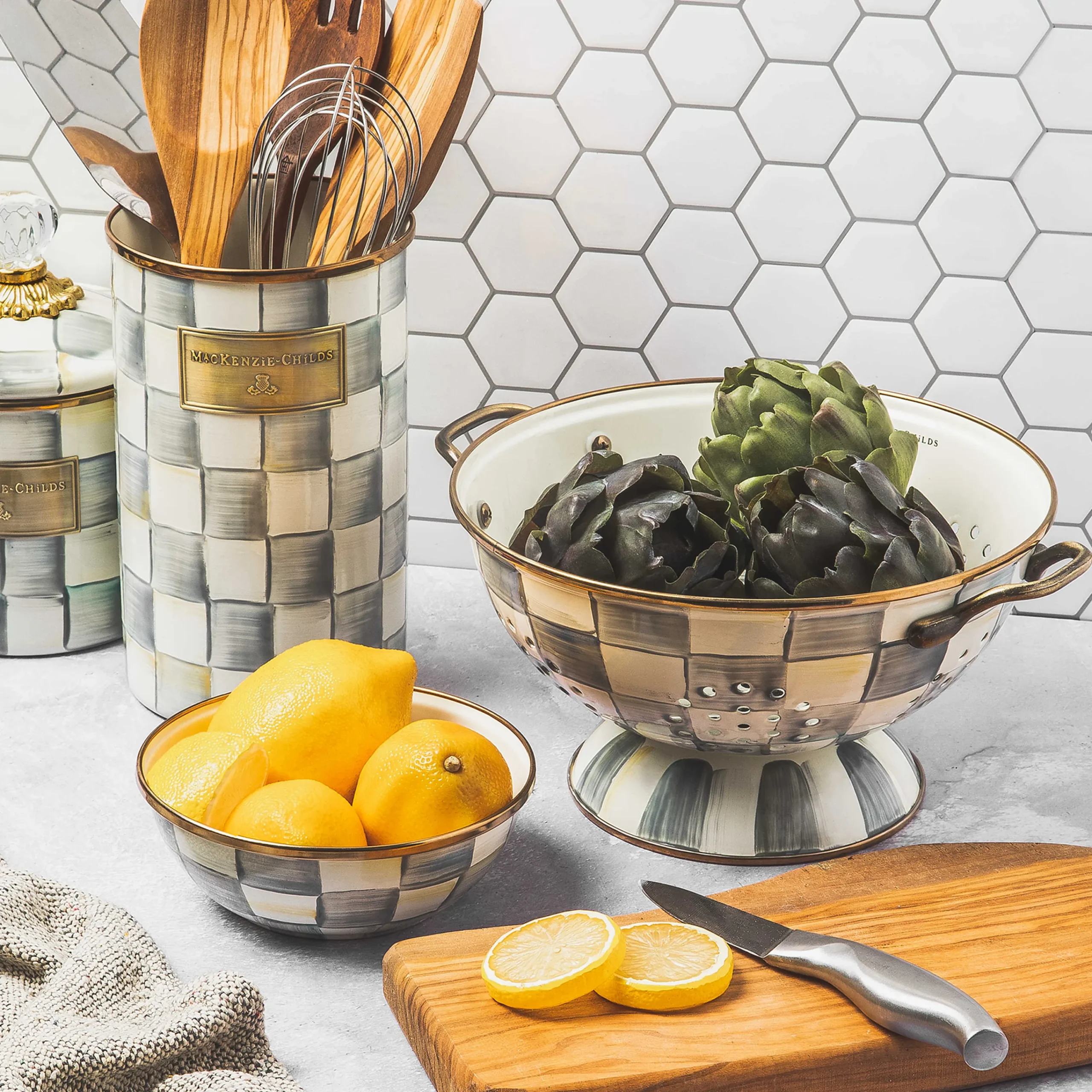 Sterling Check Enamel Utensil Holder|MacKenzie-Childs