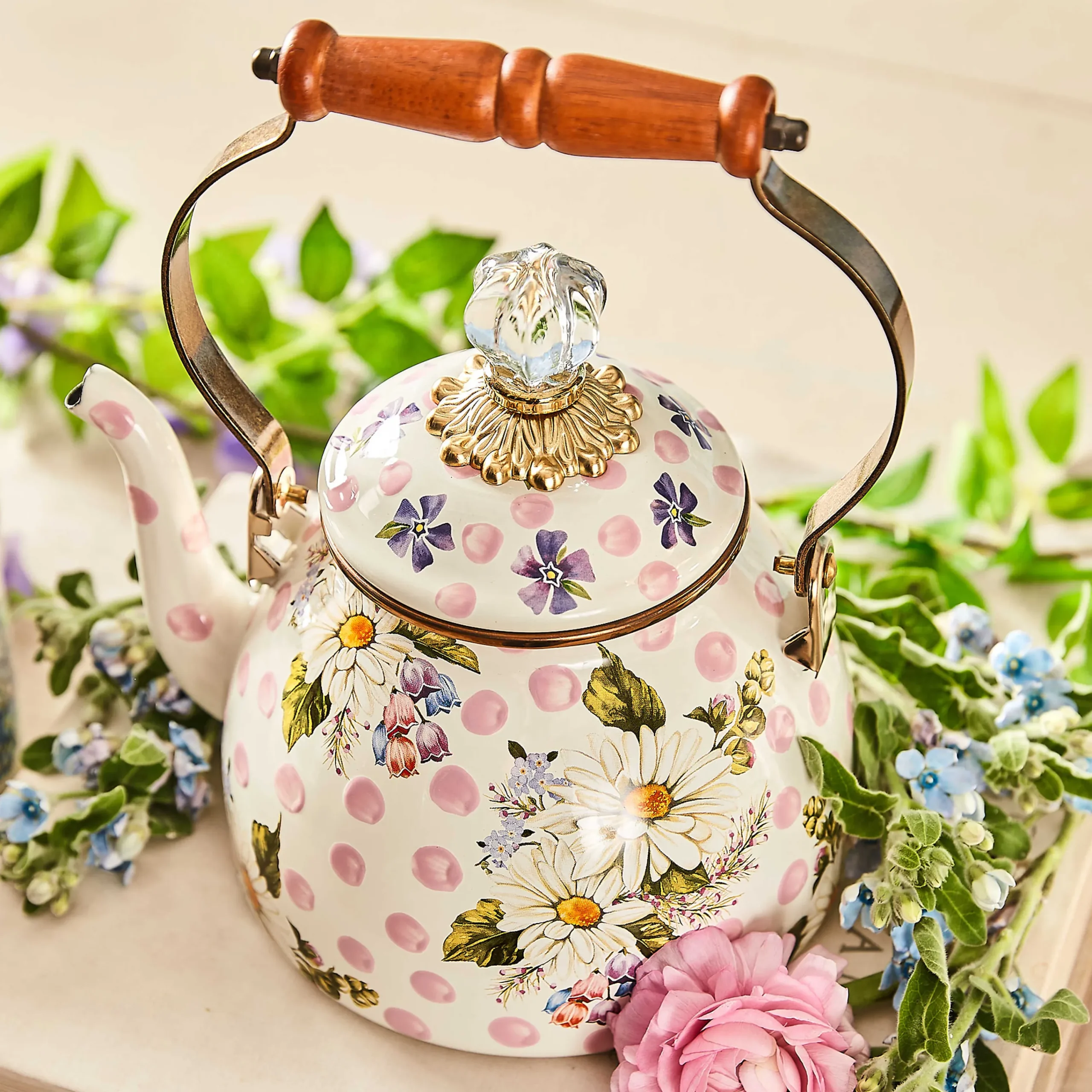 Wildflowers Enamel 2 Qt Tea Kettle - Pink|MacKenzie-Childs Sale