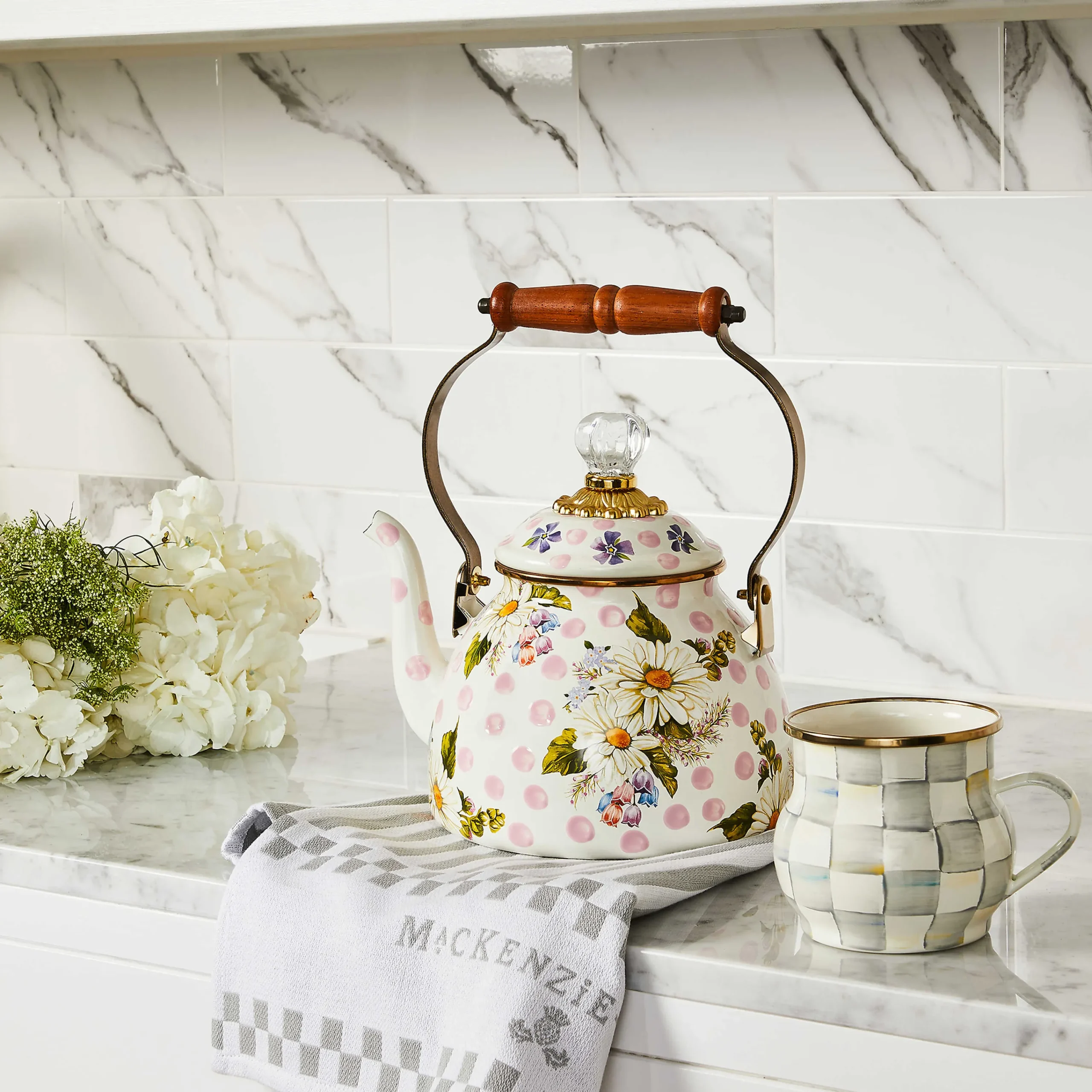 Wildflowers Enamel 2 Qt Tea Kettle - Pink|MacKenzie-Childs Sale